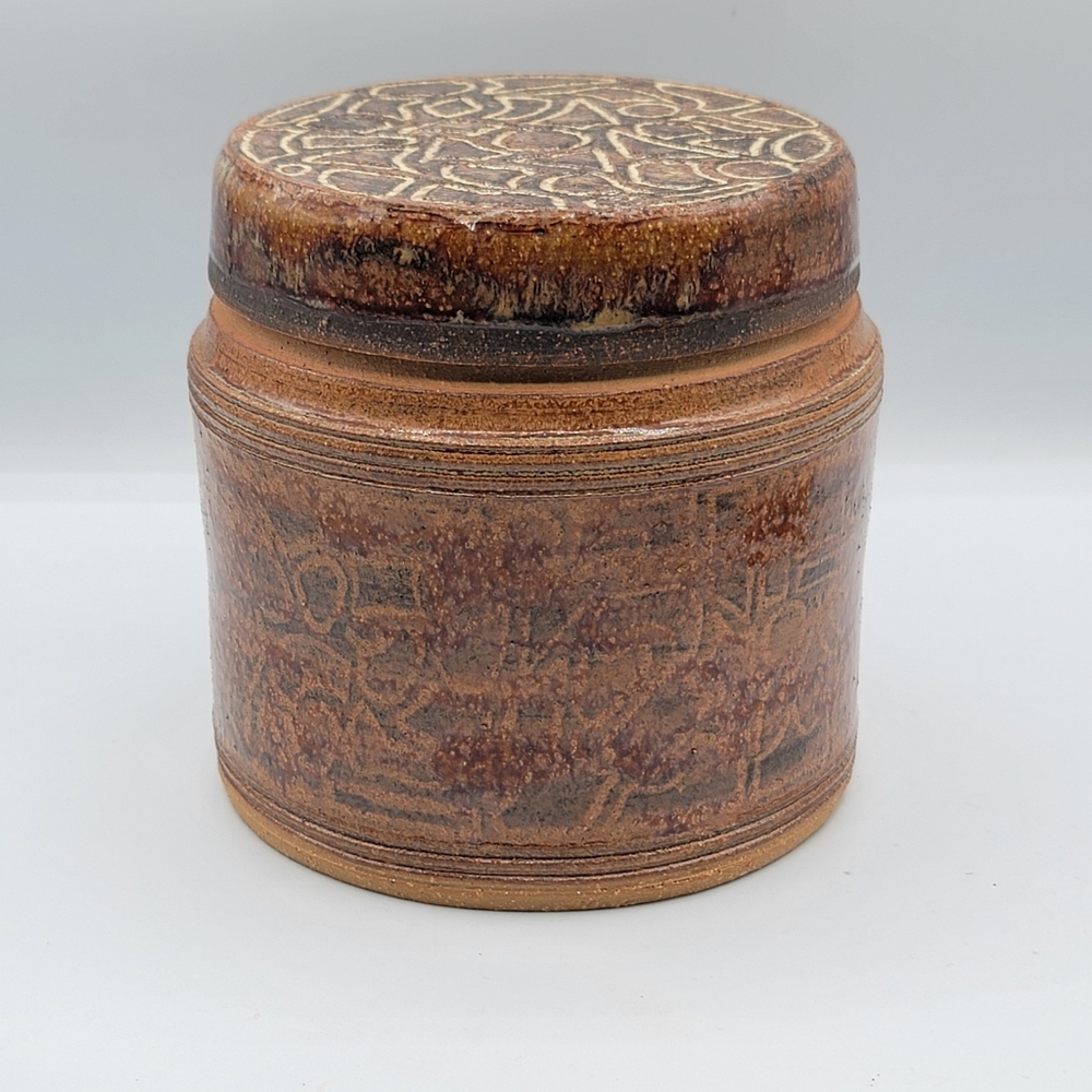 Pottery Jar with Lid Earth tone Farmhouse Butter Crock signed
